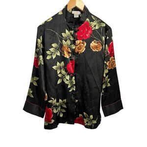 Vintage Jones New York 80's Asian Inspired Floral Kimono Top Satin Size Small
